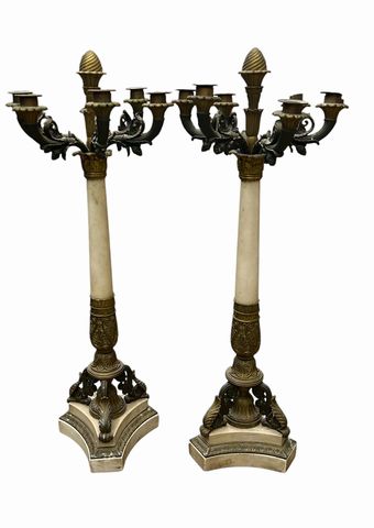 Pair Napoleon III Dore Bronze & Marble Candelabra, H. 29.5 in. x 11 in x 11 in