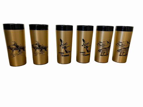 VTG. insulated tumblers, gold/black w/wildlife motif, 6.5"H