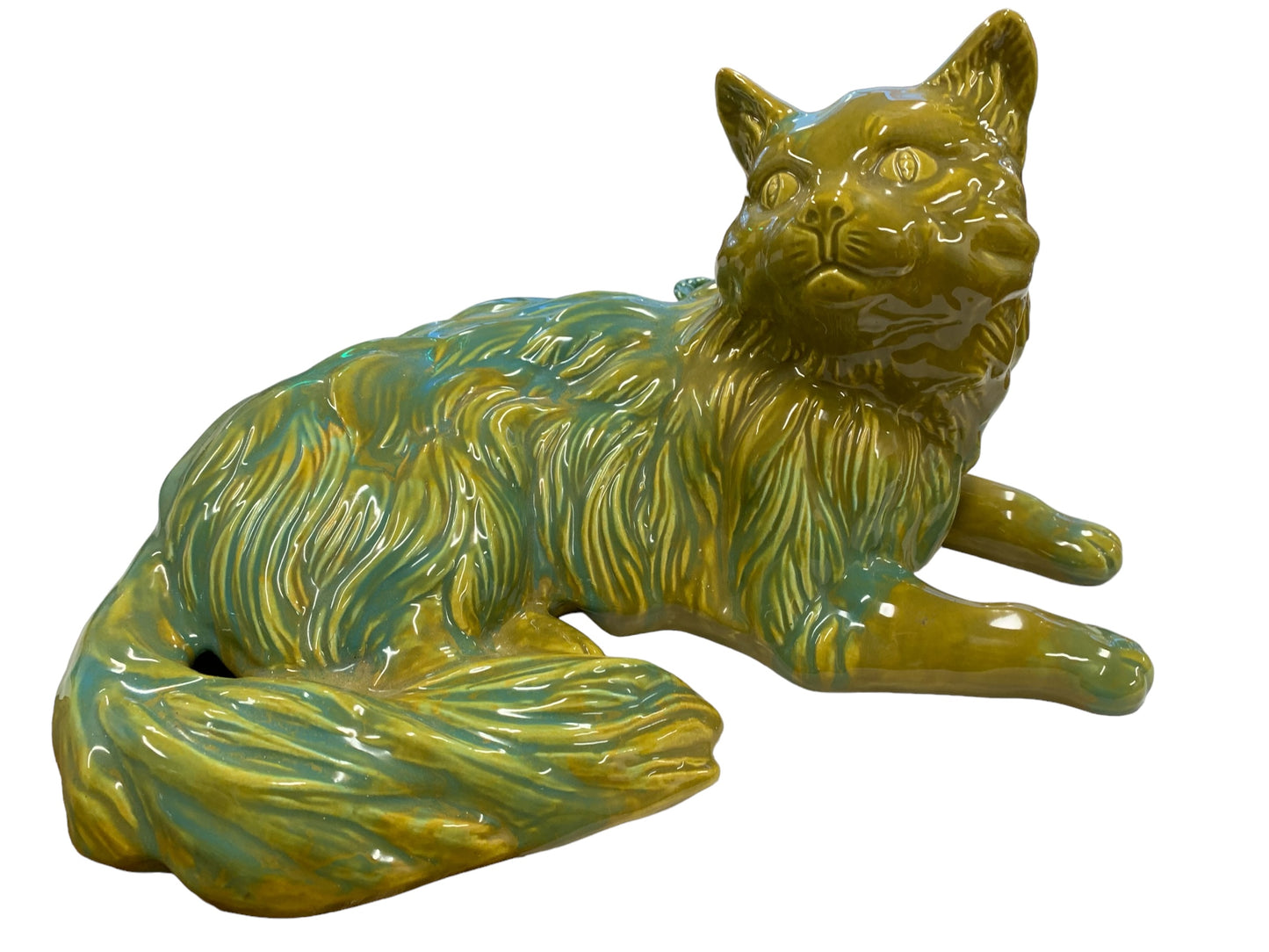 Green ceramic cat, 14.5x9x7.75"