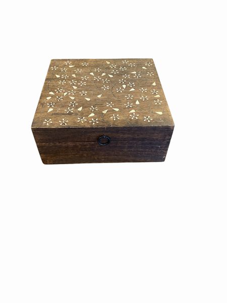 Wooden Inlay Florals Box, India, 4"h x 10"w