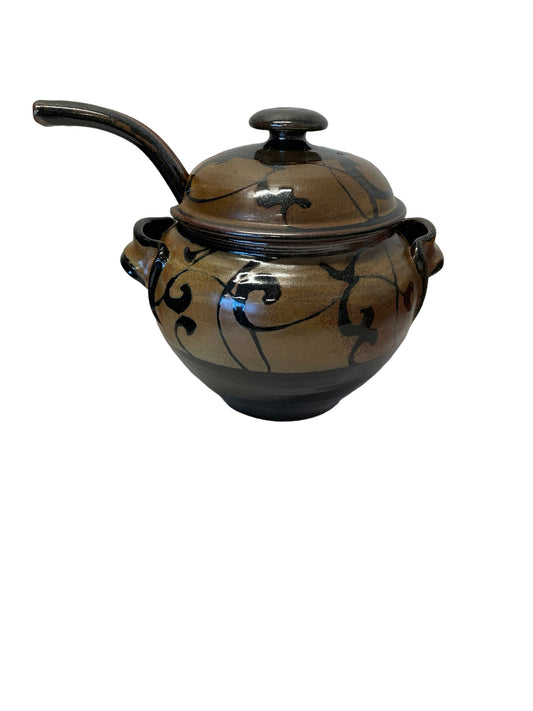 Glazed pottery soup tureen w/ ladle, 10" diam., 9" h
