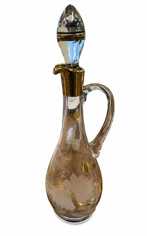 Vintage Romanian gold leaf-motif etched glass decanter (15.25") w/ 6 wine glasse
