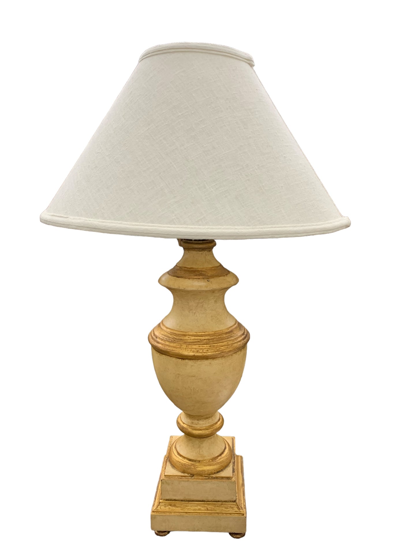 PAIR of beige urn-shape lamps w/ gold accents & ivory shade, 31.5" h