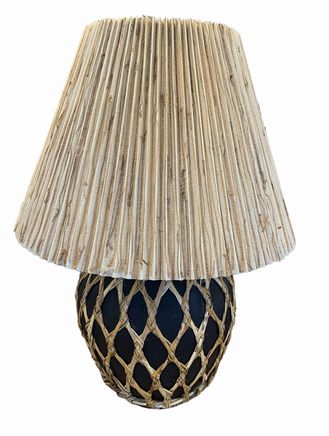 Potbelly pottery lamp w/ pleated shade, 25.5" h