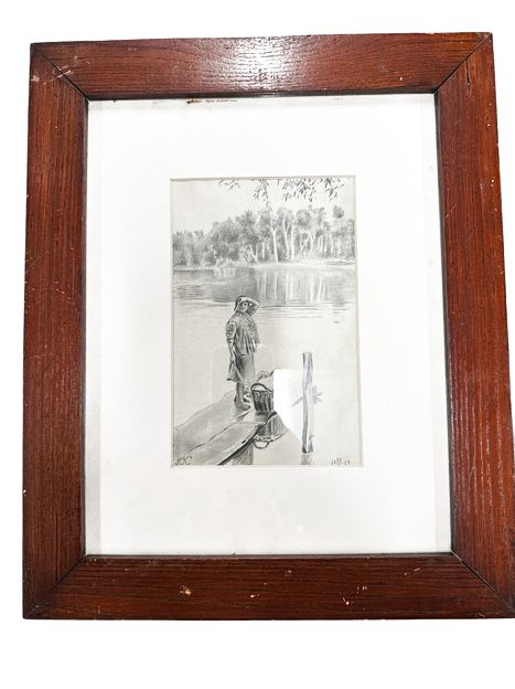 Original Drawing 1928 Lakeside Landscape 14.5HX 12"W,