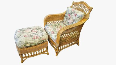 Henry Link Rattan Chair, Cushions, Ottoman, 30x24x38"