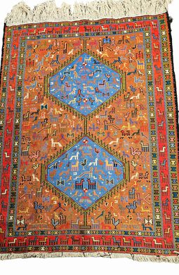 Red/blue hand-knotted Kazak-style rug, 41.5x60"