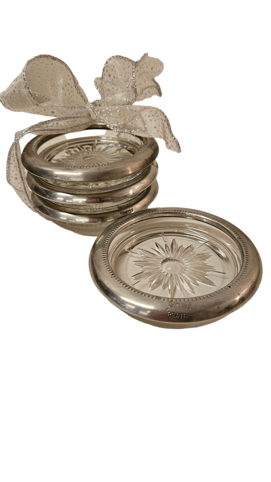 4 Pewter rimmed Glass Coasters