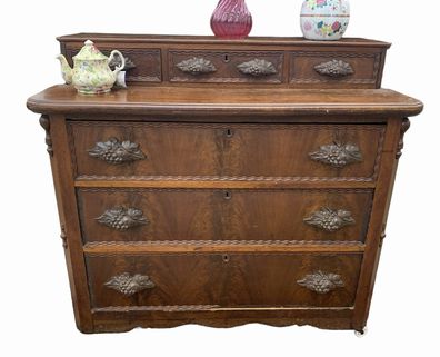 Antique mahogany chest of drawers w/ carved pulls, 44x23x39.75"