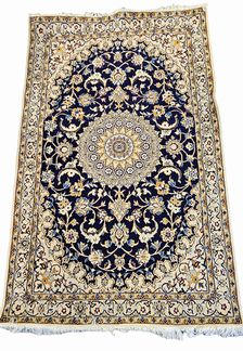 Navy/ivory/ochre Persian wool  medallion rug, 46x76"