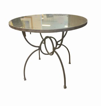 Round mirrored glass table w/ cast-iron base, 34" diam., 29" h