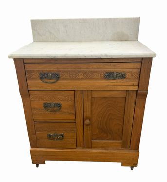 Vintage oak washstand w/ white marble top, 27x16x34"