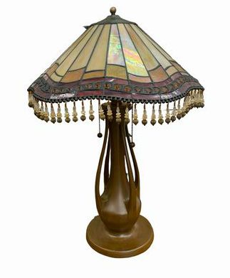 Art Nouveau-style stained glass lamp, 23" h