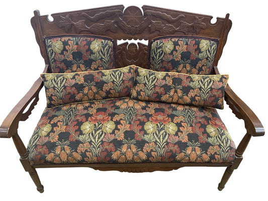 Victorian settee w/ floral tapestry upholstery, 47.5x19.5x39.75"