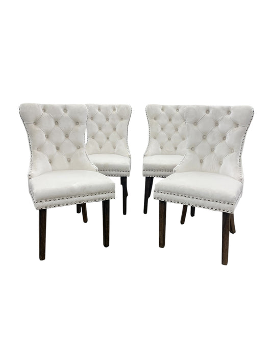 4 Contemporary White Velvet Upholstered & Nailhead Dining Chairs, H. 36.5 in.