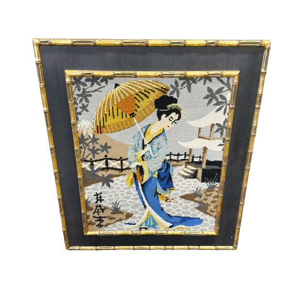 Geisha Needlepoint with Glimmer Accents,  Framed 28Hx25"W