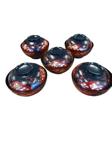 5 Japanese Lacquered Soup Bowls 5"x2.5"