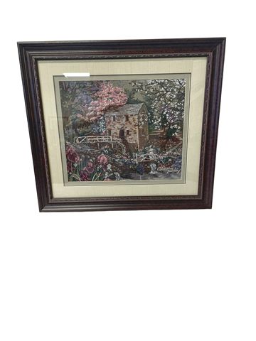 Framed & signed embroidered grist mill, 22x24.25