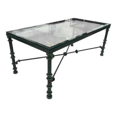 Vintage green wrought-iron glass-top coffee table w/ "X" stretcher, 16.5" h, 40"