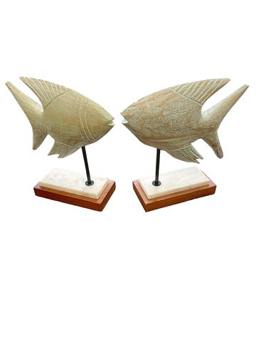 Pair Of Turquoise & Gold Fish On Marble Stand 13" x 11.5"