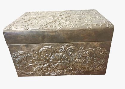 Embossed metal hinged box, 8.5" h x 14" w x 10" d