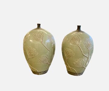 Pair Of Glazed Floral Motif Green Vases 16"x11"