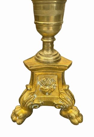 Antique Baroque-style cast brass altar candlestick, 16.5" h