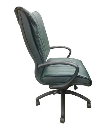 Green leather executive conference chair on wheels, 42H 25.5W 28D