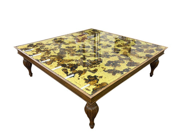Acid-washed gold-leaf glass-top Rococo-style coffee table, 15" h, 47.5" w, 47.5"
