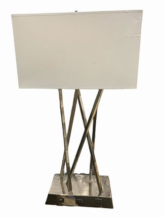 Modern chrome lamp w/ plug/USB access & white shade, 28" h