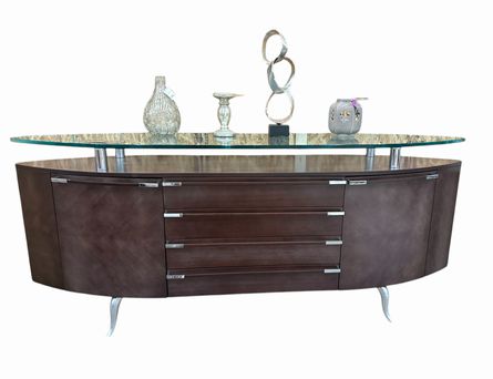 Modern oblong sideboard w/ raised glass top, 85.25x18.5x35.5"