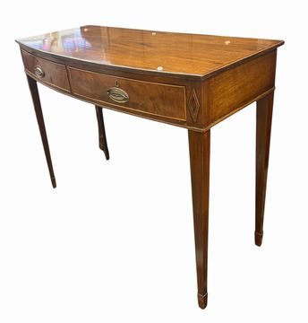 Handmade bowfront Hepplewhite-style glass-top mahogany console table w/ 2 drawer
