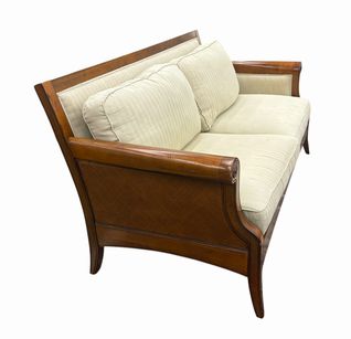 Bassett beige herringbone pattern sofa w/ cherry wood frame & flared arms, 36.5"