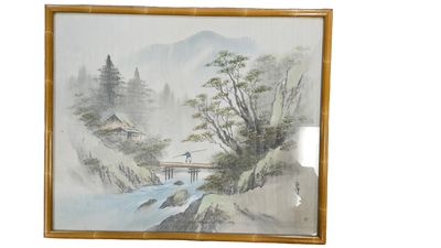 Japanese Framed Print on Silk River Landscape 14.5Hx17"W