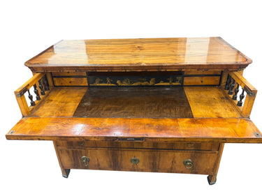Antique bookmatched burl veneer Biedermeier desk w/ 3 drawers & desktop w/ eboni