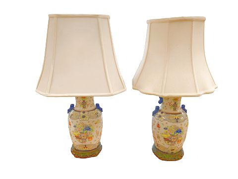 PAIR of Asian ceramic lamps w/ ivory shades, 28" h