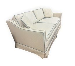 Quinn cream tone-on-tone loveseat w/ blue welting + 2 matching pillows, 31" h, 6