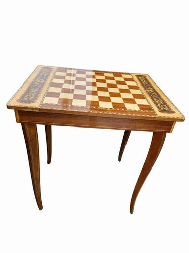 Vintage Low Chess Table w Lift Top + Marquetry  18"sq