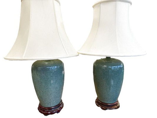 PAIR-Celadon Crackle Lamps, 26"h