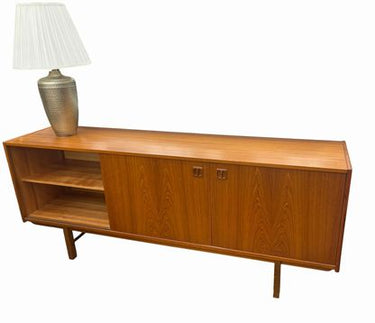 1960s Danish modern teak sideboard w/ 4 shelves, 4 drawers, 29.5", 72" w, 16.5"