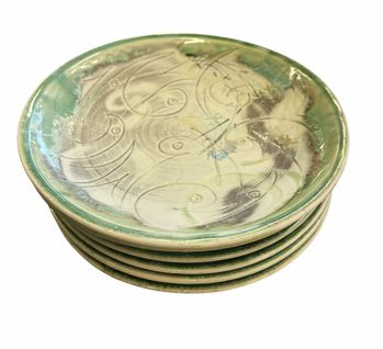 Set of 6 handmade signed green-glazed pottery plates, 8" diam.