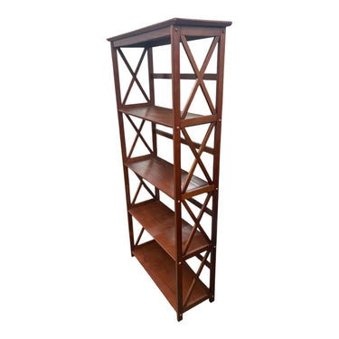 4-shelf wood bookcase w/ X side supports, 63" h, 27" w, 11" d