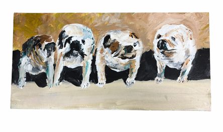 Unframed original acrylic of four bulldogs, 10" h x 20" w