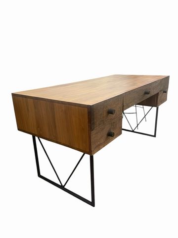4-drawer Distressed Wood Desk w/metal base and rear storage, 31H. 63W. 29D