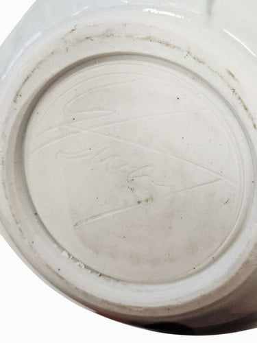 Signed Art Pottery Hand-thrown, Whit Asian abstract Floral  9"h x 9"w
