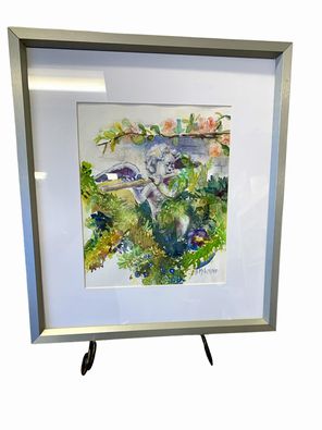 Original Watercolor " Garden Cupid" Framed 19" x 17"