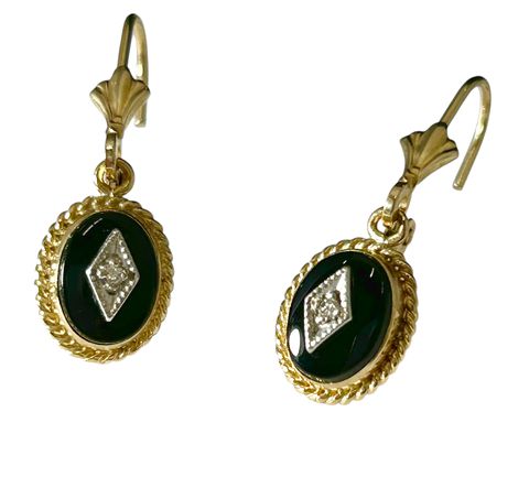 Pair 14k Yellow Gold Black Onyx & Diamond Dangle Earrings, 2g