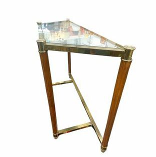 Brass & mirror top console table w/wood fluted legs, 30H. 40W. 14D.