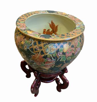 Large Chinese green floral fishbowl jardinierre on stand, 14" diam., 19" h