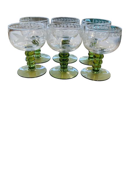 6 German Vintage Wine Glasses , Roemer, Green 4.5"H